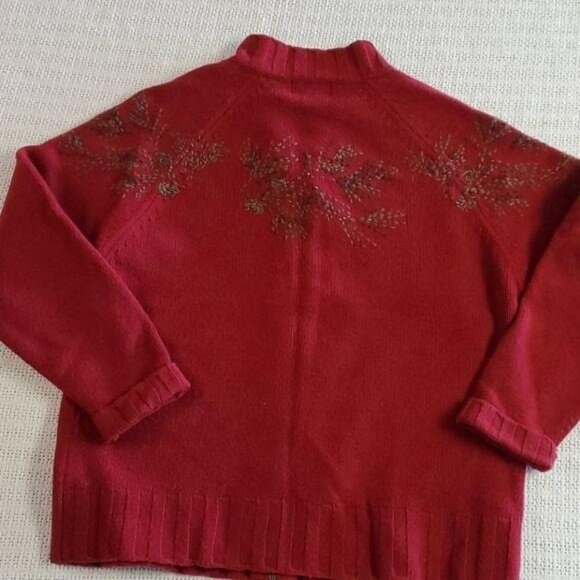 Woolrich Wool Hand Embroidered Front & Back Burgandy Red Sz. L Zippered Cardigan - Picture 5 of 9